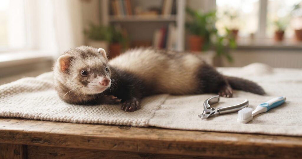 テーブルの上に小動物用の爪切りと歯ブラシが並べられその手前でフェレットがくつろいでいる様子