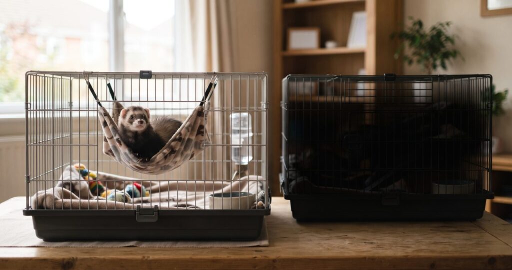 部屋に2つの別々のケージが並んで置かれ手前のケージにフェレットがくつろいでいる様子、奥のケージは暗く見えにくい