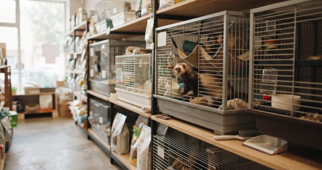 明るいペットショップの小動物コーナーを思わせる、ケージが並んだ店内の様子