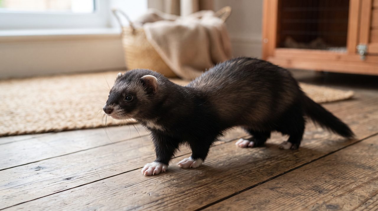 手足の先だけが白いミット状のマーキングになった、黒っぽい地の毛色のフェレットが床の上で全身を見せている様子。頭部から首・肩は白くならず、パンダのマーキングとは異なることがわかる