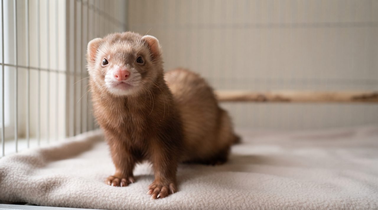 ケージの中にいるシナモンカラーのフェレット、赤みを帯びた明るい茶色の被毛とピンク系の鼻がわかる様子