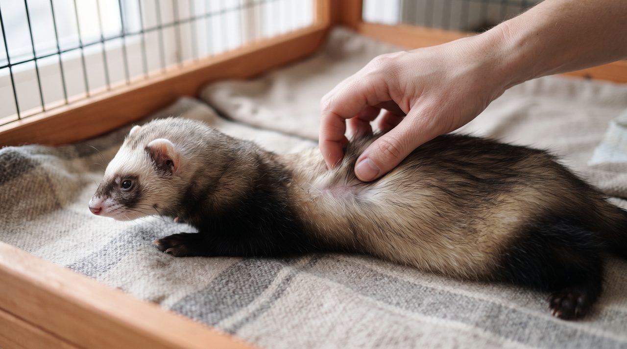 フェレットの背中から腰にかけての毛並みをそっと撫でながら皮膚の様子を確認している手元の様子