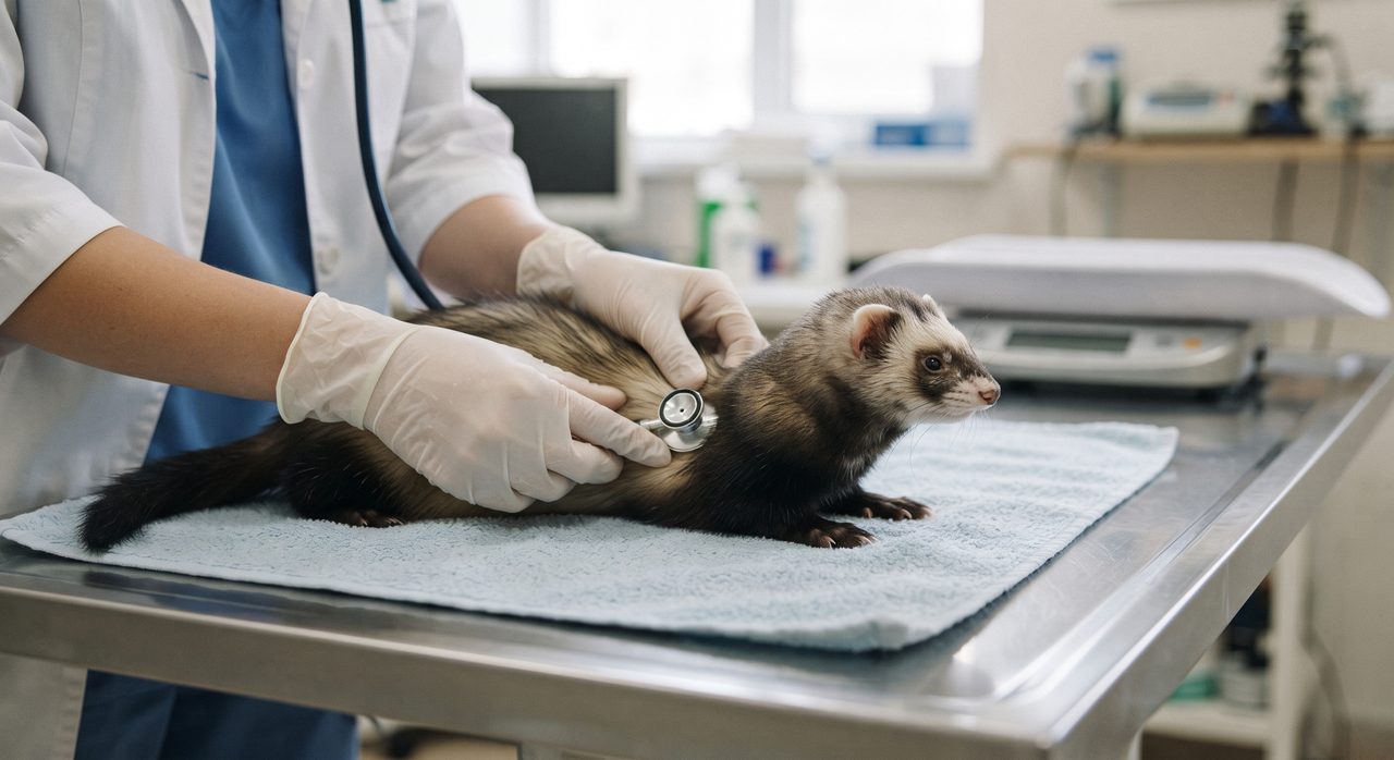 動物病院の診察台の上でフェレットが穏やかな様子で聴診器をあてられている様子