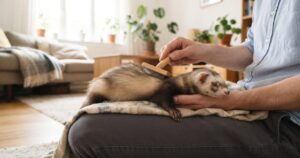 床に座った人物が膝の上に乗せたフェレットの背中をスリッカーブラシで優しくブラッシングしている様子、人物の顔は写らず膝から下と腕のみが写る