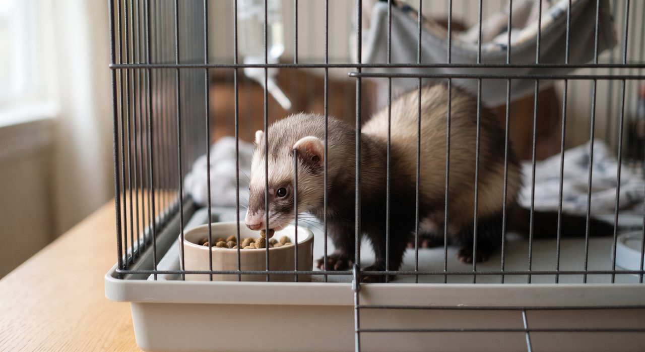 ケージの中でフェレットがフードボウルからペレットを食べている様子