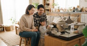 明るい室内で家族らしき人物がフェレットを優しく見守っている様子