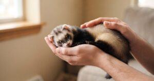 人物の両手のひらの上で、フェレットが1匹、優しく抱きかかえられて穏やかにくつろいでいる様子