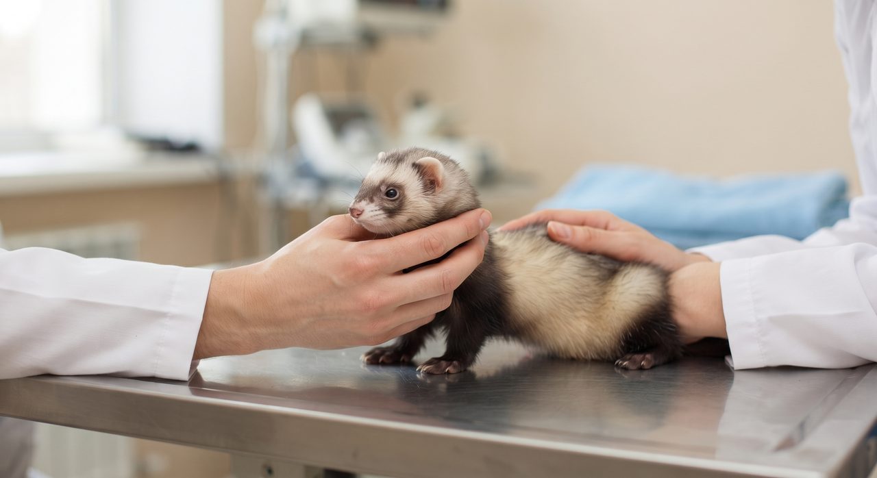 動物病院の診察台の上で、白衣を着た獣医師の両手が幼い子フェレットの体を優しく支えている様子