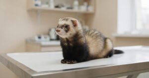 明るく清潔な動物病院の診察台の上で、健康的なフェレットが1匹、穏やかに座っている様子