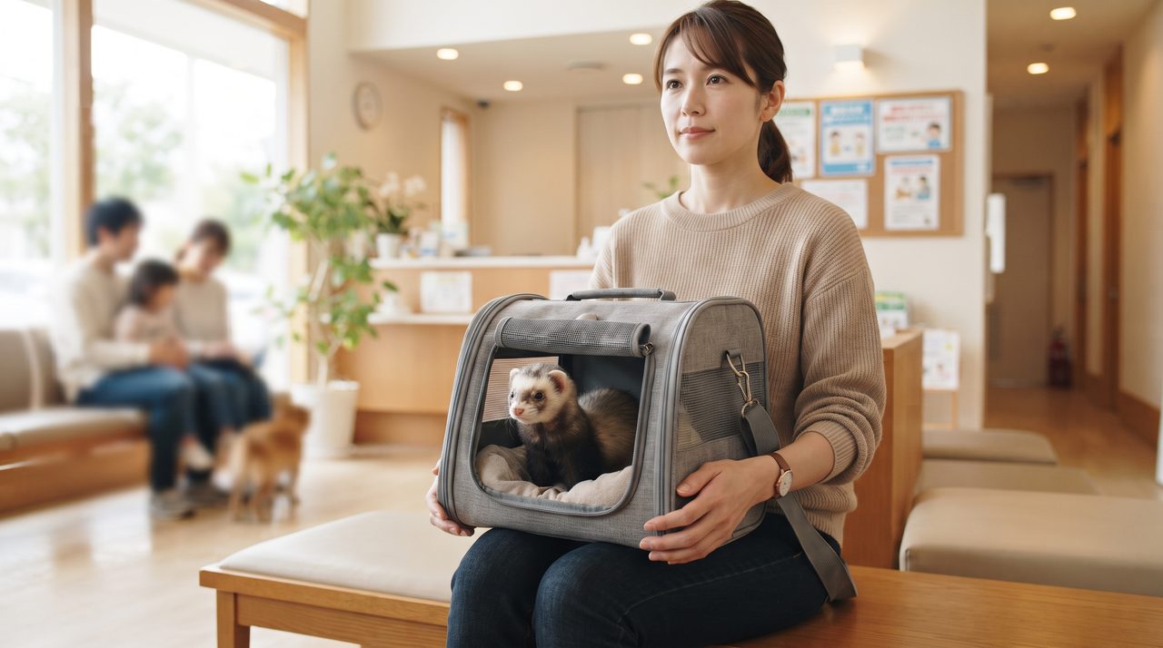 動物病院の待合室で、キャリーバッグを膝に乗せた人物が座って順番を待っており、キャリーの窓越しにフェレットの顔が見える様子