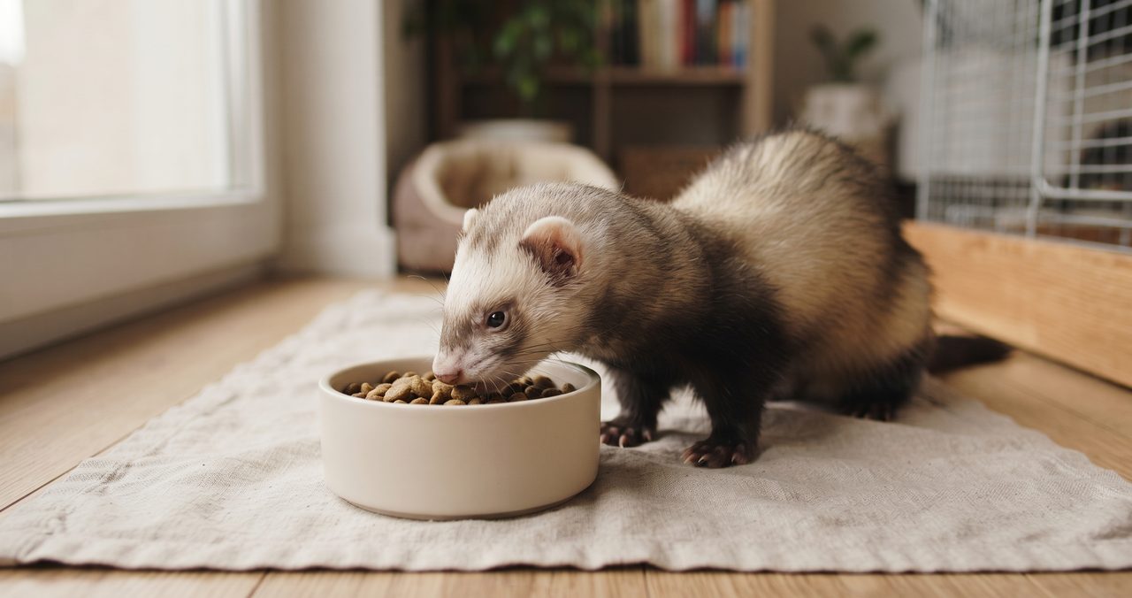 フェレットが専用のフードボウルから穏やかにフードを食べている様子