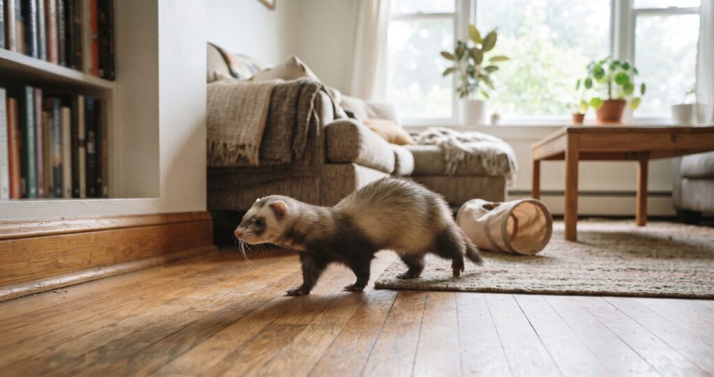 部屋の中をフェレットが自由に歩き回っている放し飼いをイメージさせる開放的で明るい室内の様子